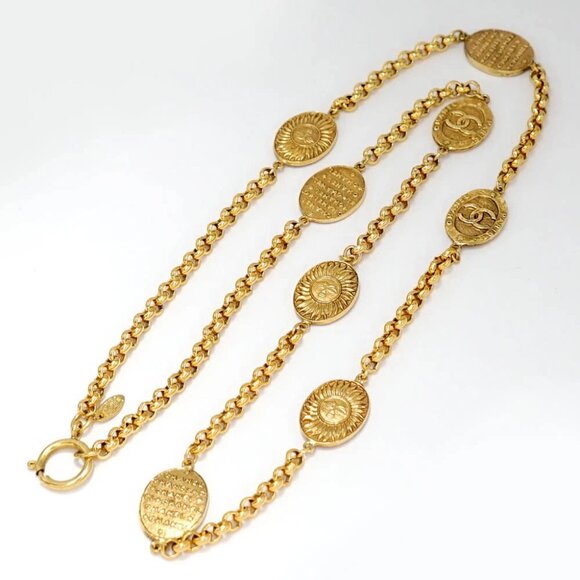 CHANEL CC Logos PARIS Sun Oval Coin Necklace 35" Gold Tone 28 Auth w/Box #792-3 - Picture 3 of 7